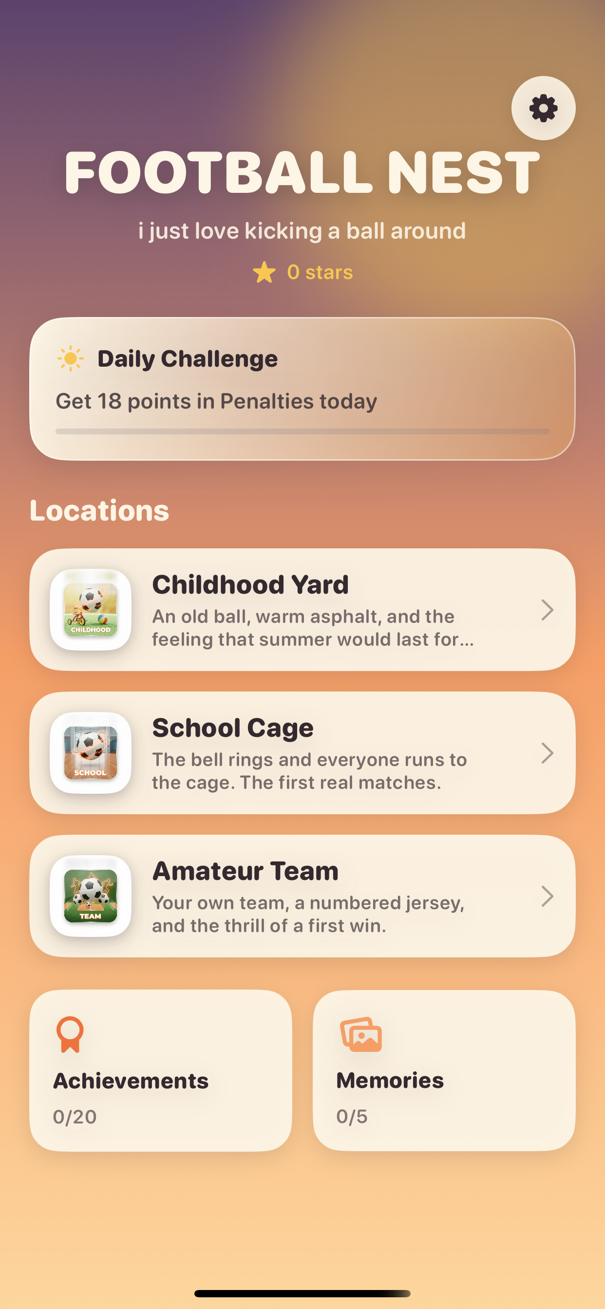 Football Nest home screen with locations and your profile.