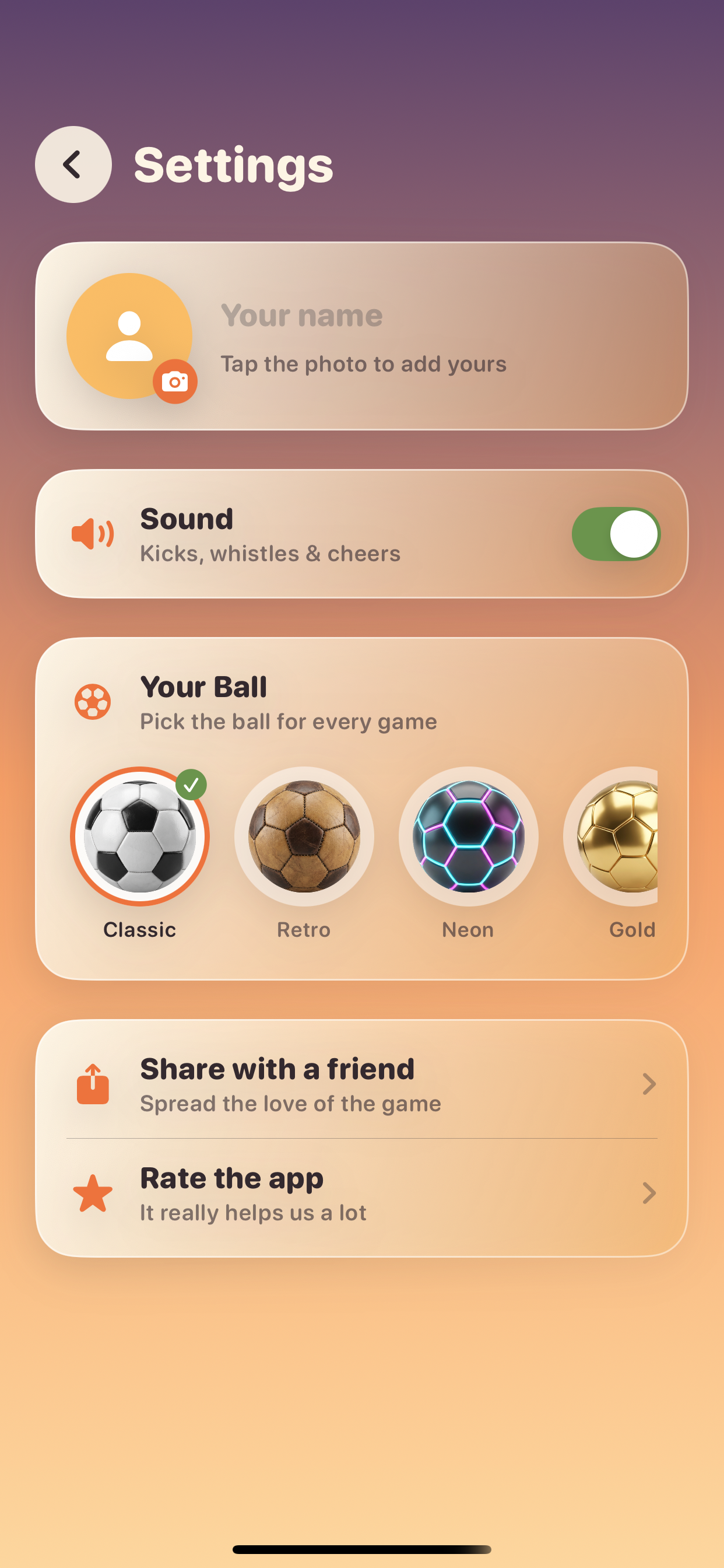 Football Nest settings: profile photo, name, sound toggle and ball picker.